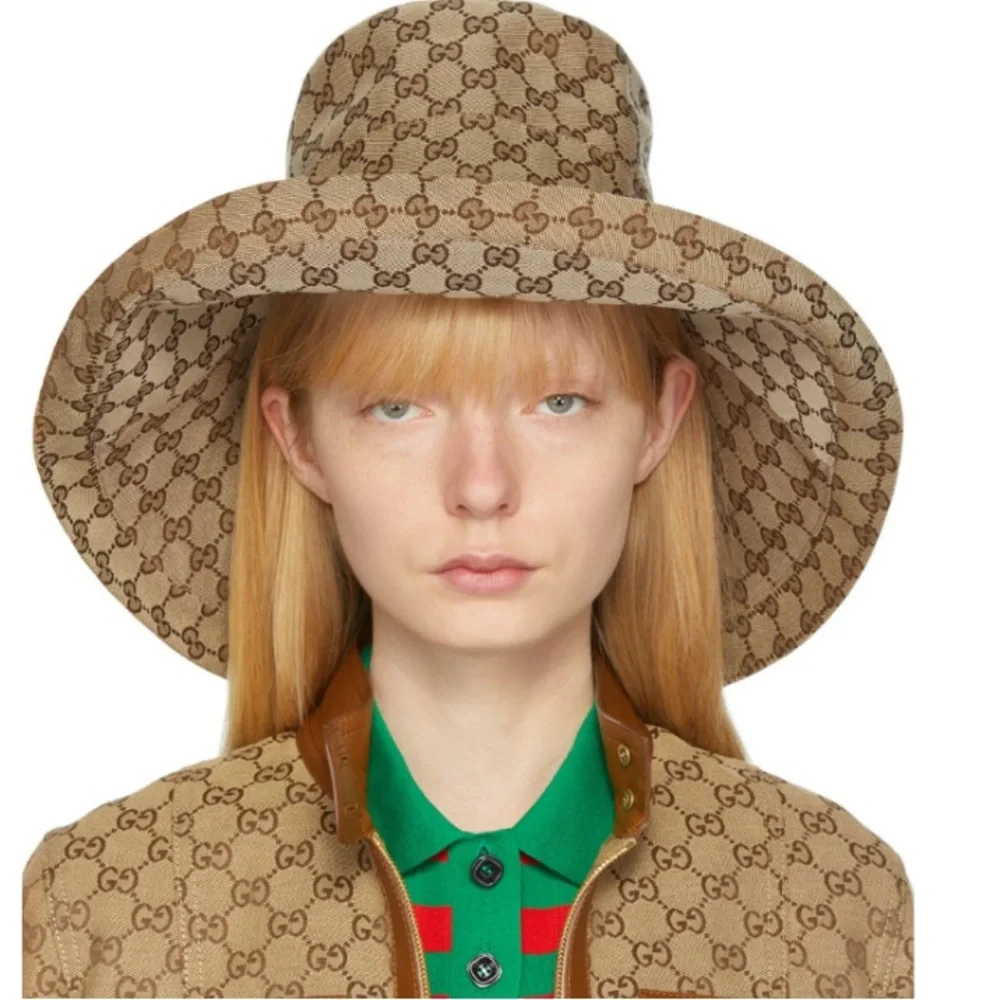 Beige Monogram Wide Brim Large Jacquard Bucket Hat Canvas Beach Sun Coverage New - Picture 8 of 16